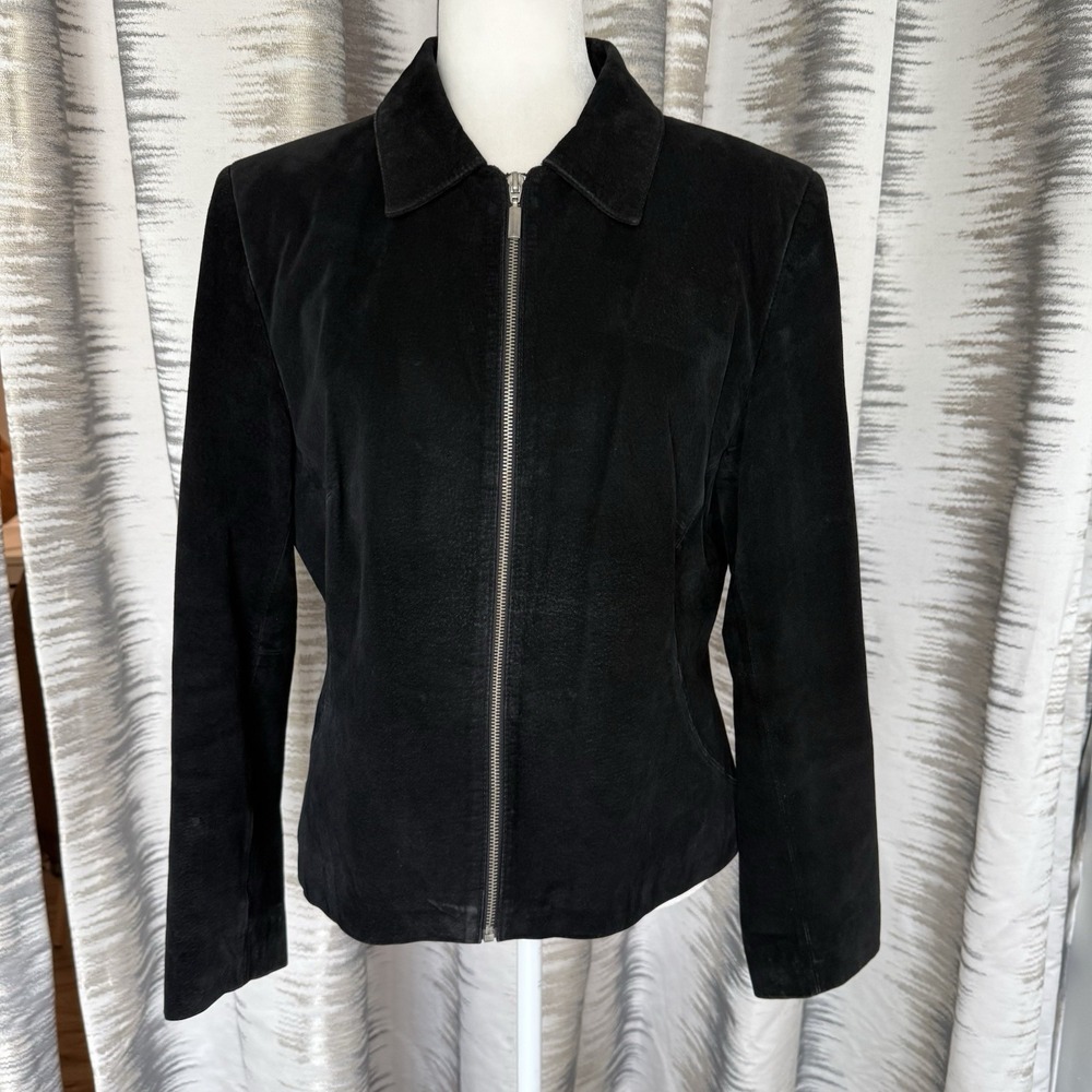 Vintage Y2K Black Suede Leather Jacket Women's Size 4 Fitted Zip Front